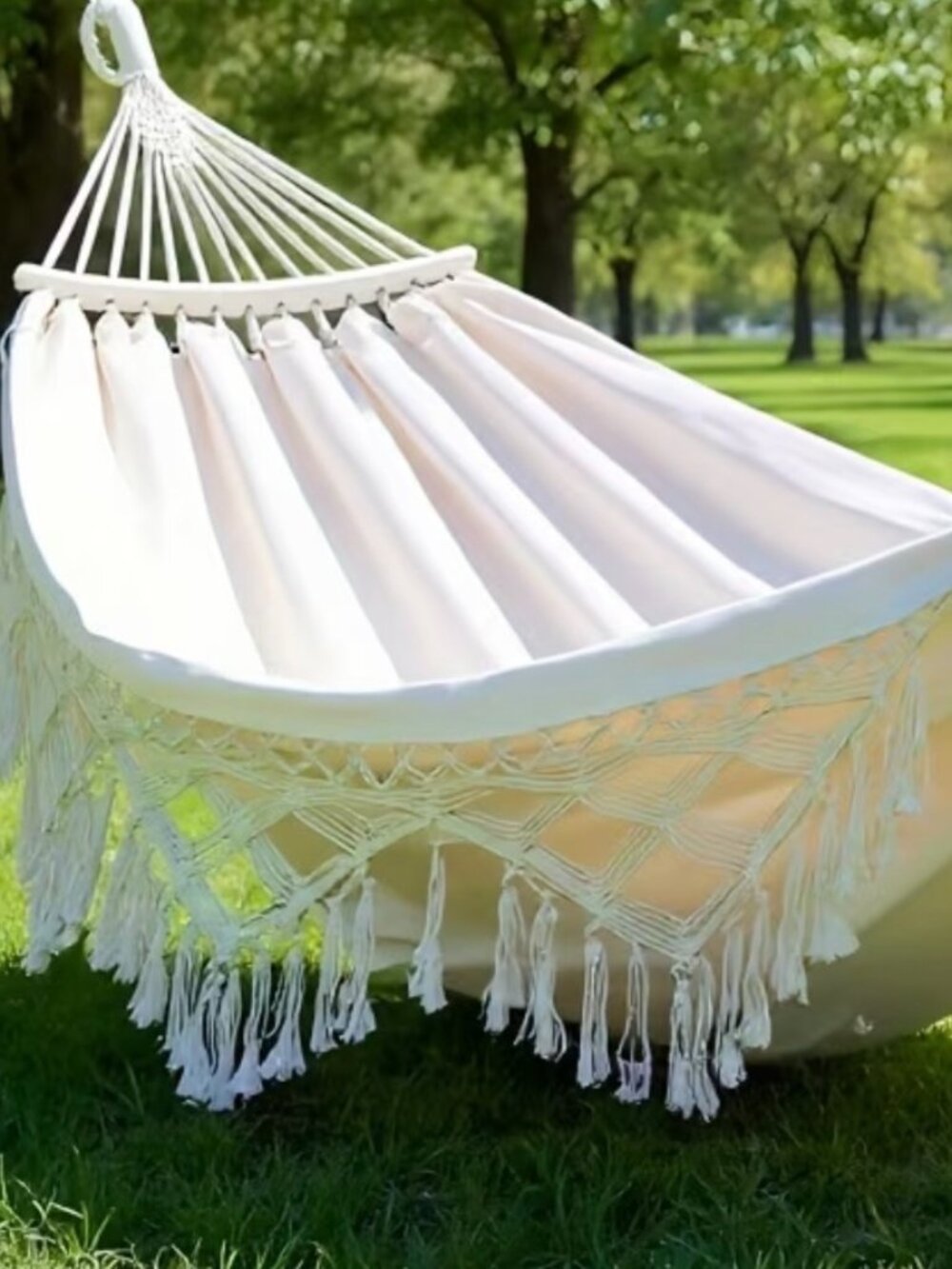 NIB Boho Fringe DOUBLE Hammock – Off White Cotton –– Outdoor Patio Garden